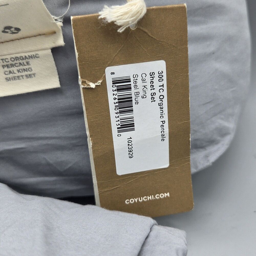 Coyuchi 100% Organic Percale Cotton Cal-King Sheet Set Steel Blue 300TC GOTS New - Picture 3 of 6